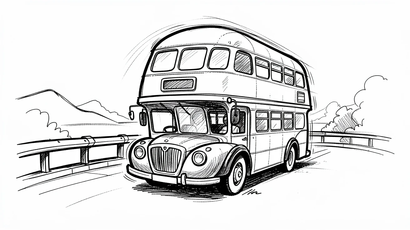 A classic double-decker bus parked beside a scenic overlook.