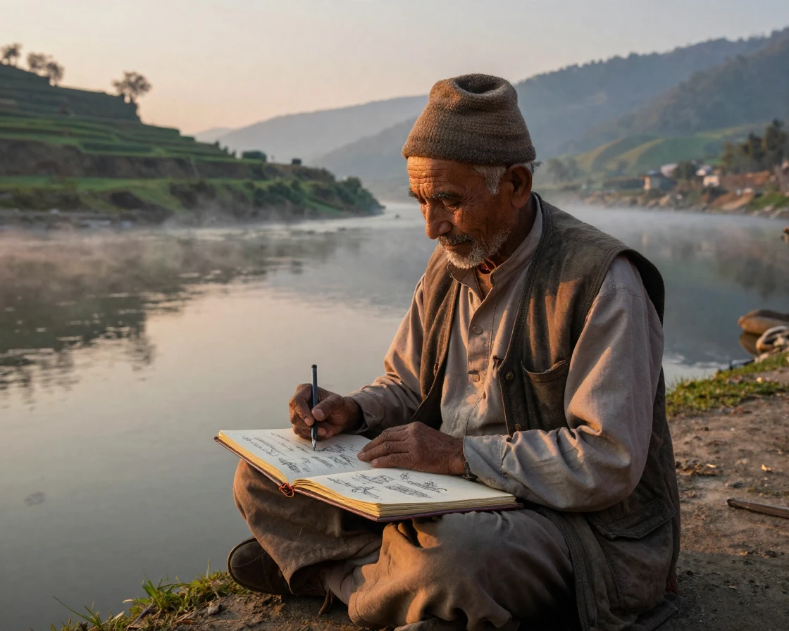 An elderly Nepali musician sketching quietly in a well-worn notebook along a quiet riverbank at sunrise