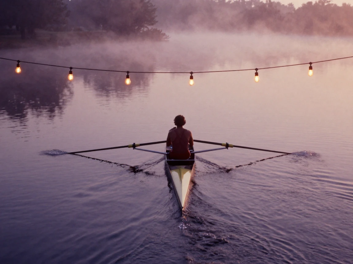 A rower gliding across misty water at dawn, under strings of warm string lights, as heat shimmers over the ground, during the long days of summer, in dusty lavender and rose tones, shot from directly overhead.