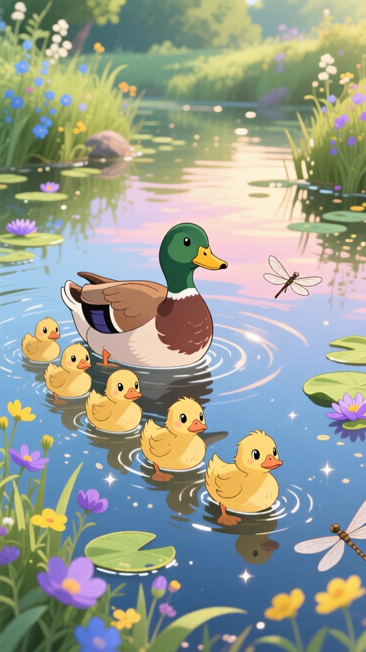 A family of ducklings following their mother across a pond, surrounded by scattered wildflowers, radiating pure charm.