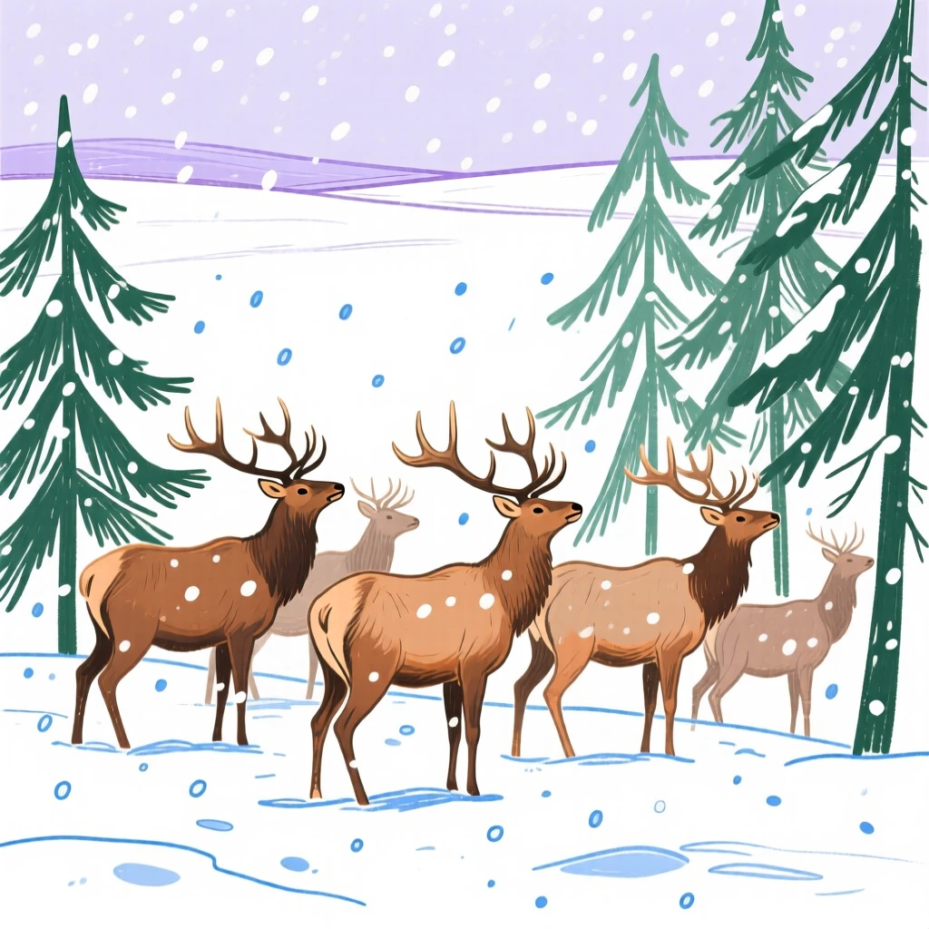 A herd of elk watching the horizon in a snowy pine forest during a light snowfall.