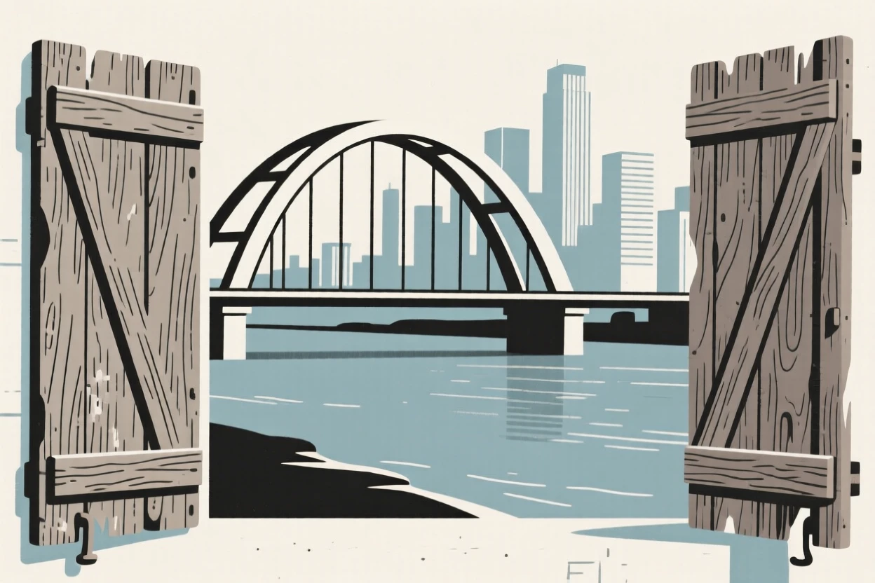 A bridge arching over a river, striking and prominent, stands in a modern city skyline, surrounded by weathered wooden shutters, expressing historic charm.