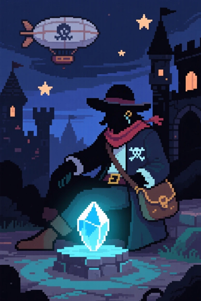 A sky pirate resting at a save point glowing softly in the dark, in a retro-style fantasy kingdom.