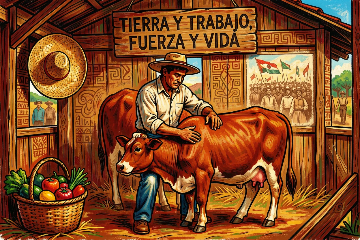 A farmer milking a cow in a rustic wooden barn