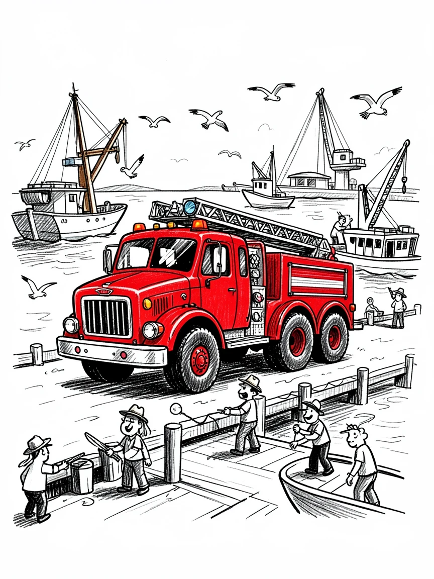 A bright red fire truck docked at a busy harbor.