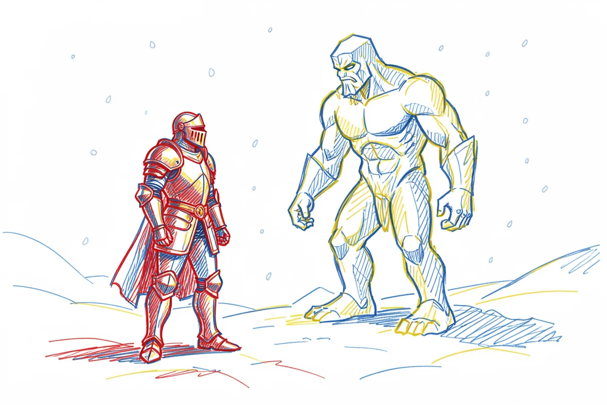 A knight in gleaming armor facing a towering ice giant in a snowy battlefield