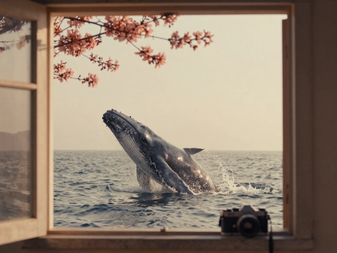 A humpback whale breaching against a pale morning sky, in soft window light, with a soft breeze stirring the air, as spring blossoms unfurl, in earthy terracotta and ochre shades, framed through an open doorway.