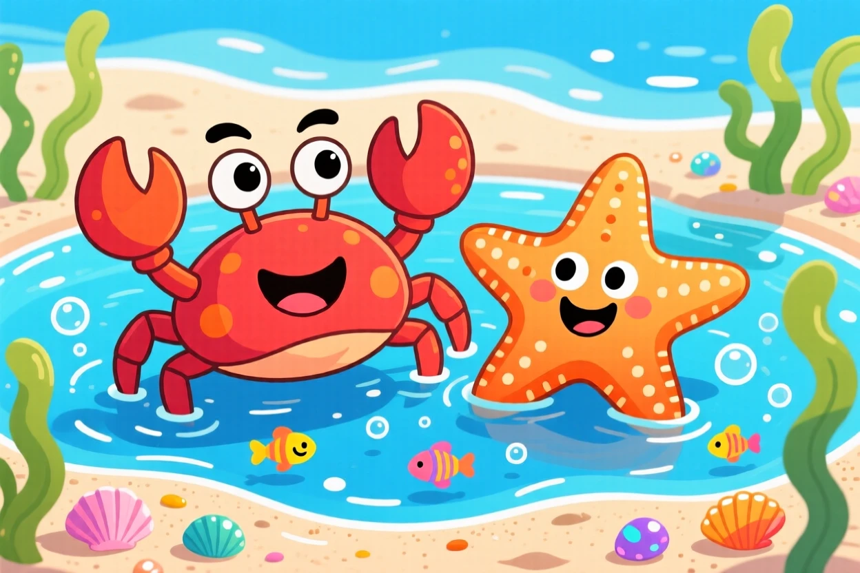 A crab and a starfish resting together in a tide pool.