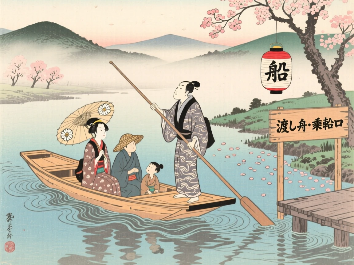 A puppeteer ferrying passengers across a misty river.