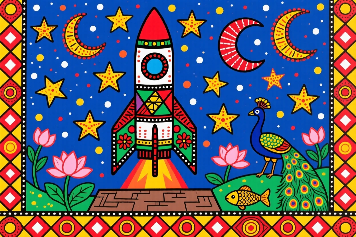A rocket launching into a star-filled night sky.