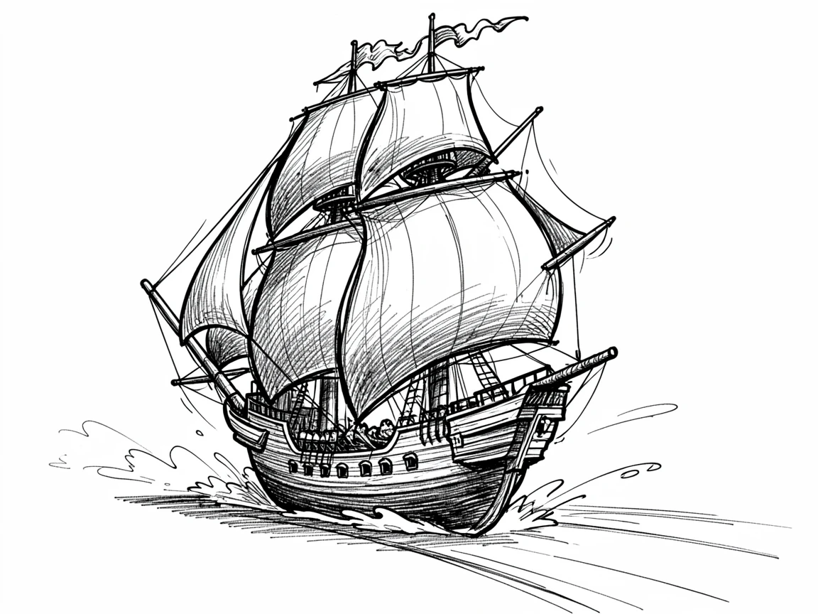 A tall sailing ship with billowing sails racing down a sunlit track.