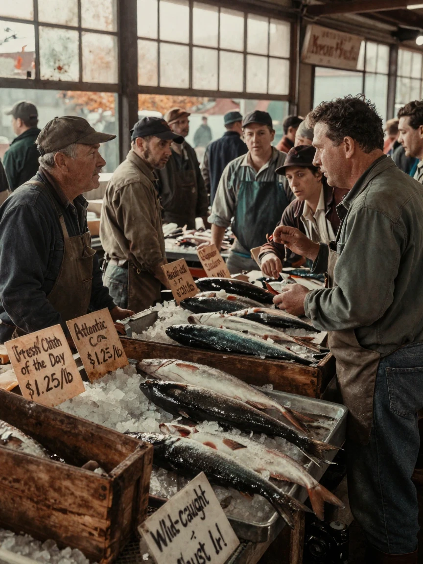 A crowded fish market with vendors calling out the morning's catch, in soft window light, in still, windless air, in late autumn, dominated by warm amber and rust tones, at eye level, intimate and direct.
