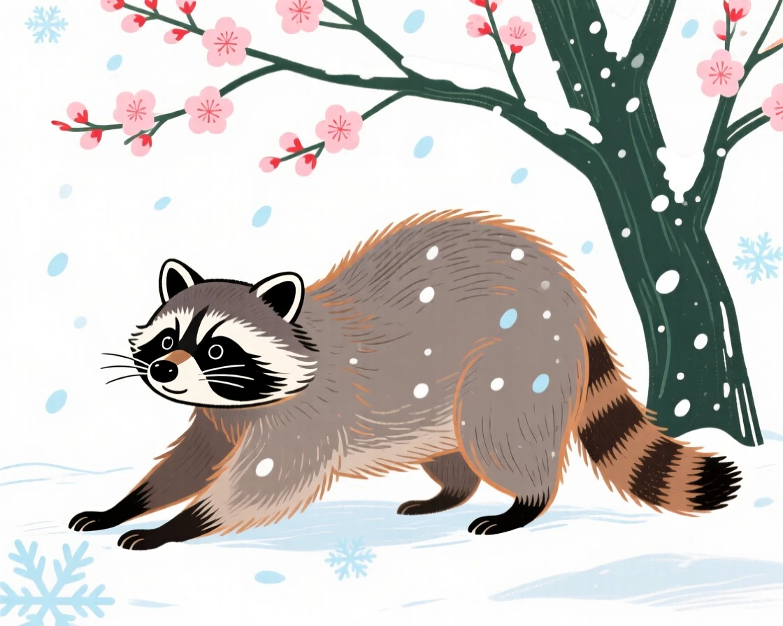 A curious raccoon stretching in the morning light under a blossoming tree during a light snowfall.