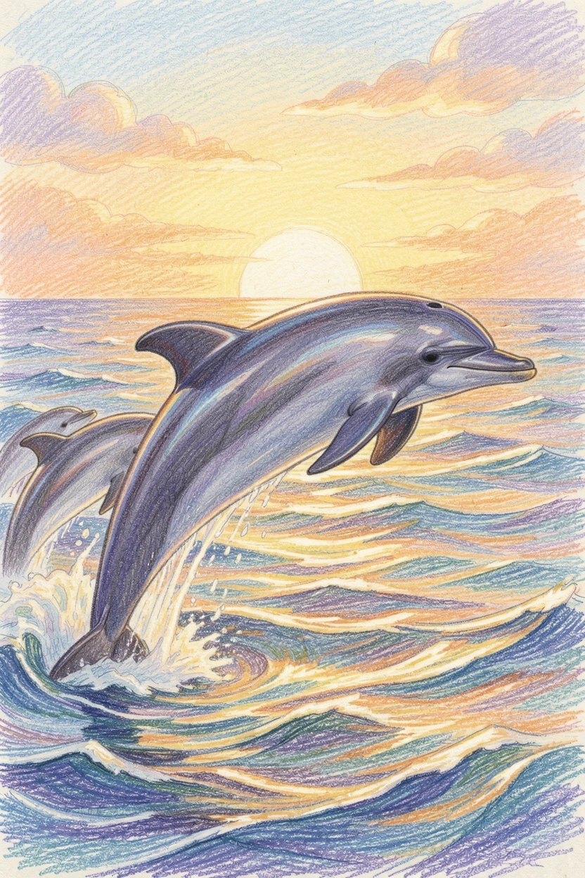 A school of dolphins leaping through golden sunset waves, with a gentle play of light and shadow across the composition, celebrating a moment people would love to revisit.