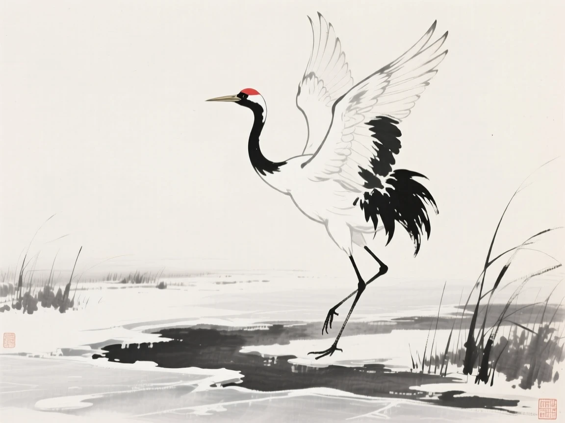 A lone crane standing at the edge of a frozen marsh, captured mid-motion with wings outstretched, evoking grace, freedom, and quiet elegance.