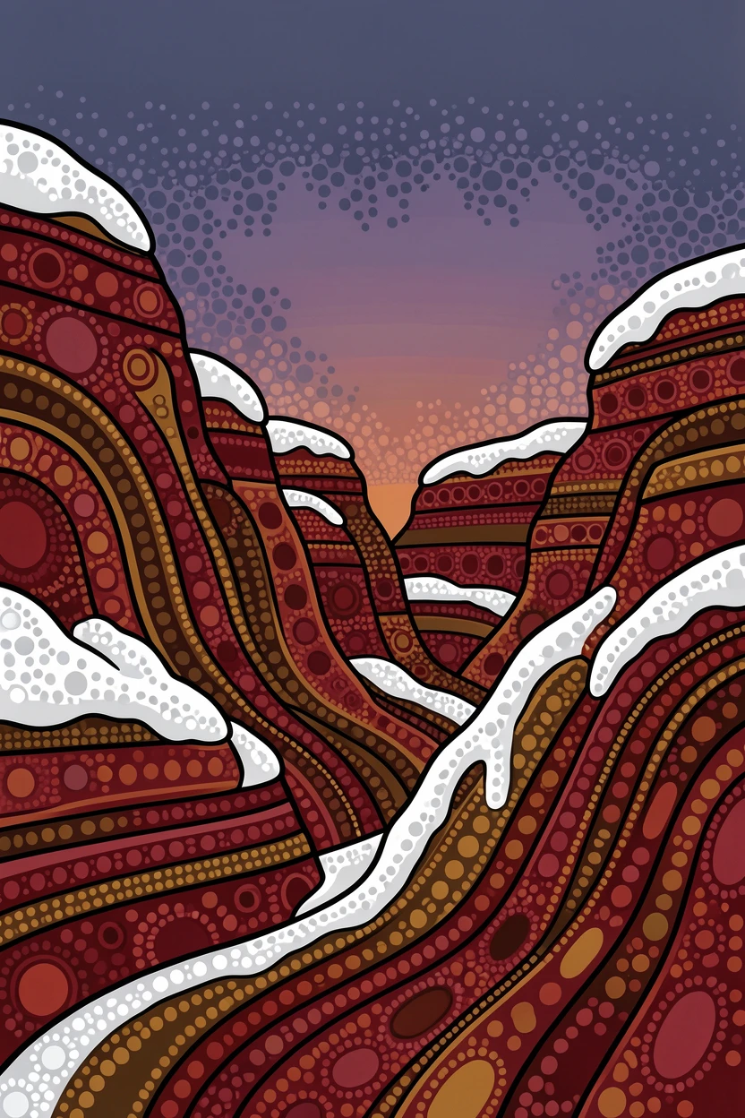 A crimson canyon at dusk after a fresh snowfall