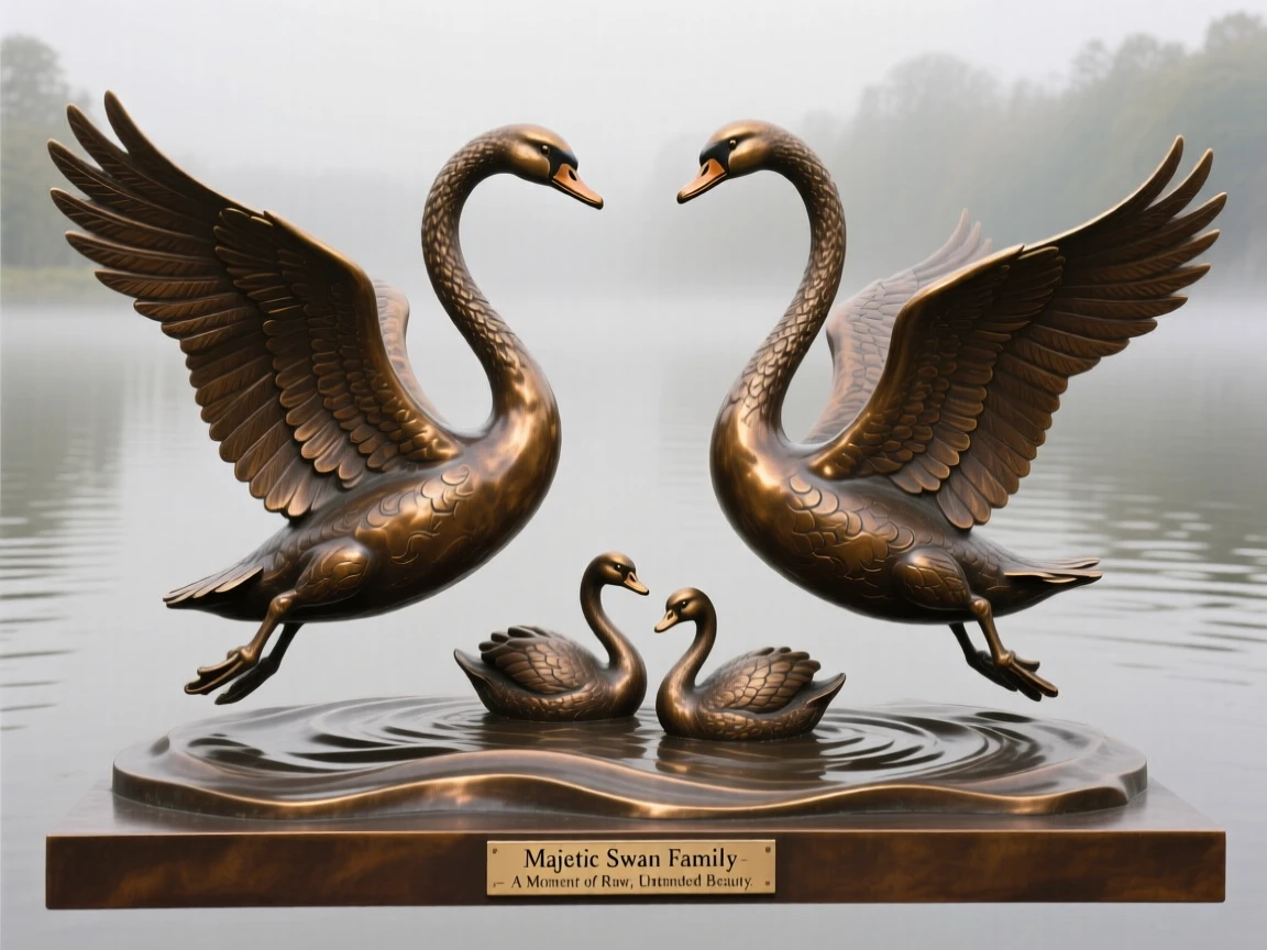 A majestic swan family gliding across a misty lake, in a moment of raw, untamed beauty, evoking wonder and majesty