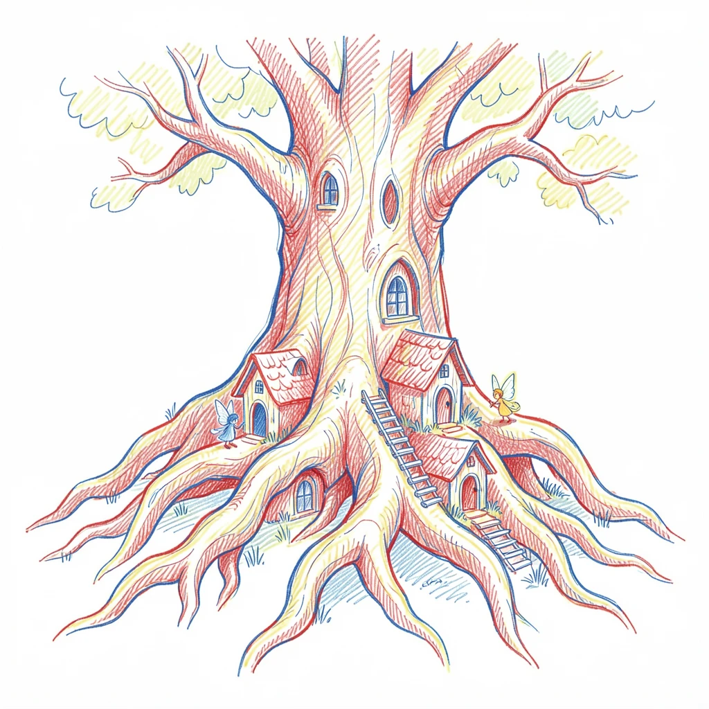 A hidden fairy village built into the roots of an enormous ancient tree