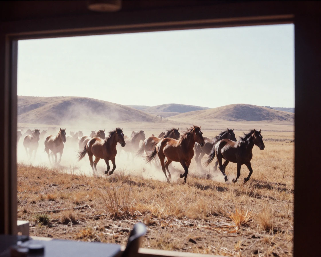 A herd of wild horses galloping across an open plain, under harsh midday sun, as heat shimmers over the ground, in the mild days of early autumn, in earthy terracotta and ochre shades, viewed from across the room.
