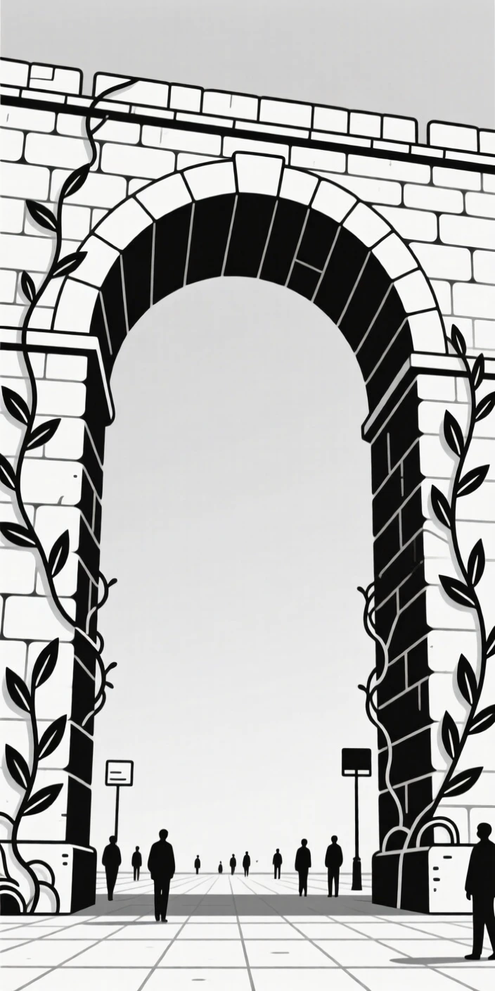 A view looking up at an old stone bridge from a bustling downtown plaza, with climbing ivy in frame, evoking historic charm.