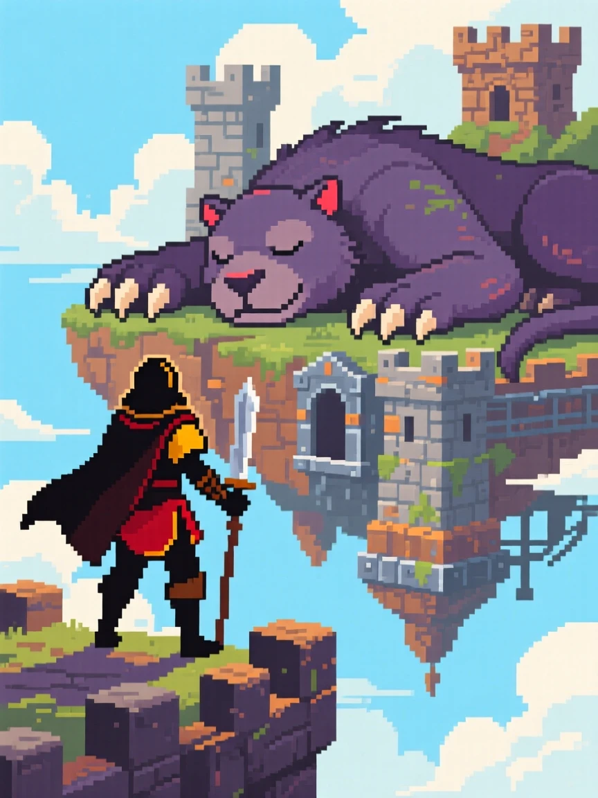 A lone adventurer facing off against a giant slumbering beast, atop a floating sky fortress.