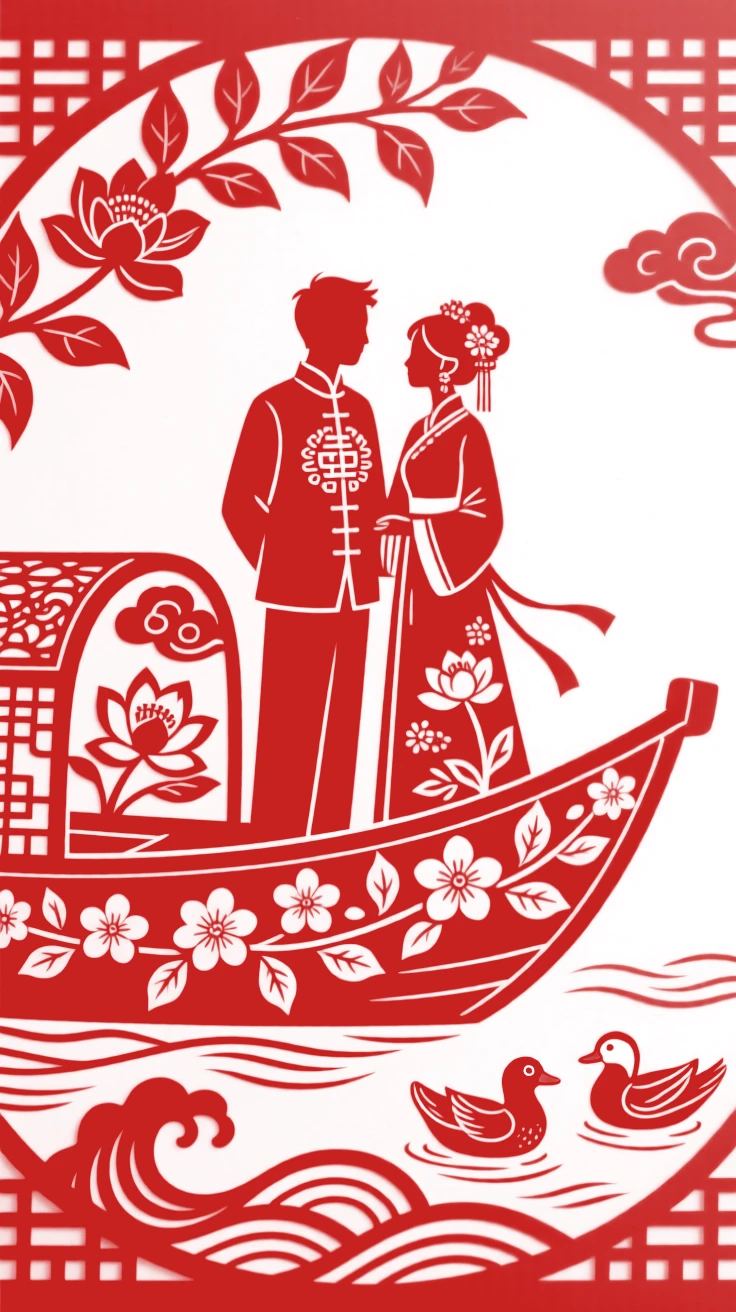 Newlyweds standing together at the prow of a flower-decked boat, the scent of jasmine filling the evening air.