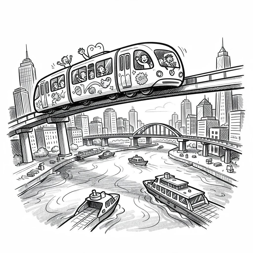A monorail gliding above a city crossing a river on a ferry route.
