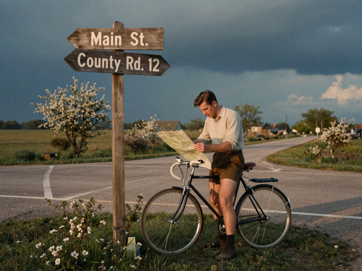 A cyclist pausing to check a paper map at a crossroads, in the last light of dusk, under a darkening storm sky, as spring blossoms unfurl, with muted olive and rust colors, from a three-quarter angle.