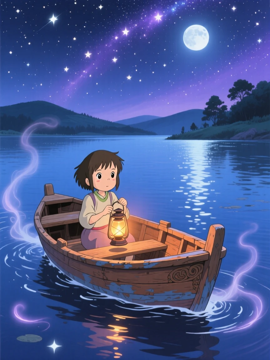 A nighttime scene of a small boat drifting beneath a sky full of stars, quietly enchanting.