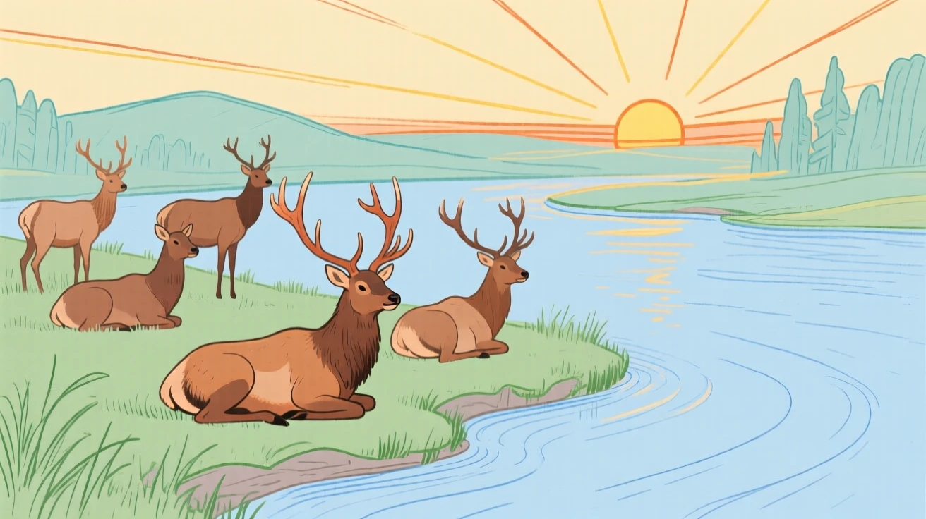A herd of elk resting along a quiet riverbank at sunrise.