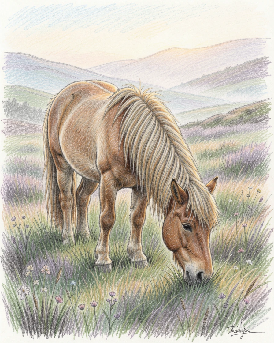 A shetland pony grazing in a misty highland meadow, bathed in the warm glow of golden-hour light, full of charm, emotion, and visual delight.