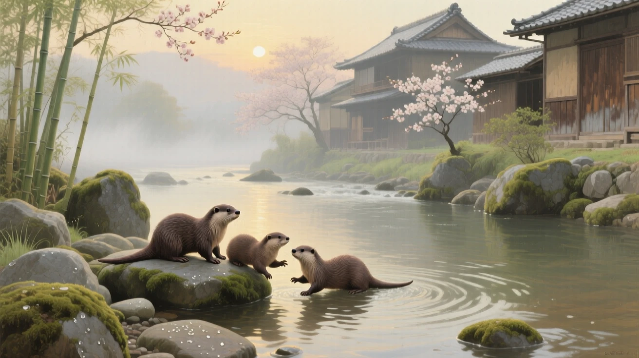 A well-framed scene of a family of otters playing along a rocky riverbank, in old Kyoto, in early spring, in a light morning mist.