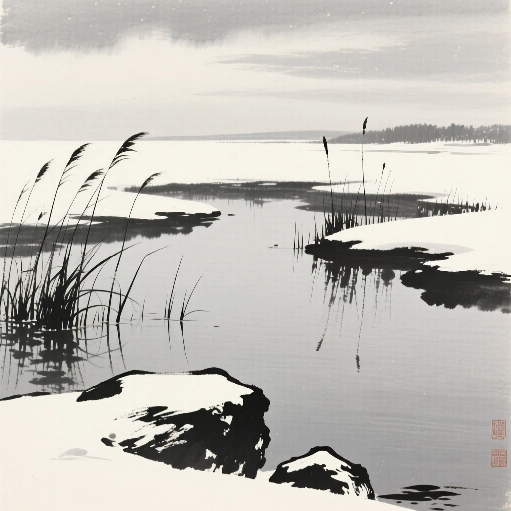 A tranquil marsh dotted with reeds and still water under a pale winter sky heavy with unfallen snow, framed low, with the foreground rocks leading the eye toward the distance, conveying calm reflection and gentle isolation.