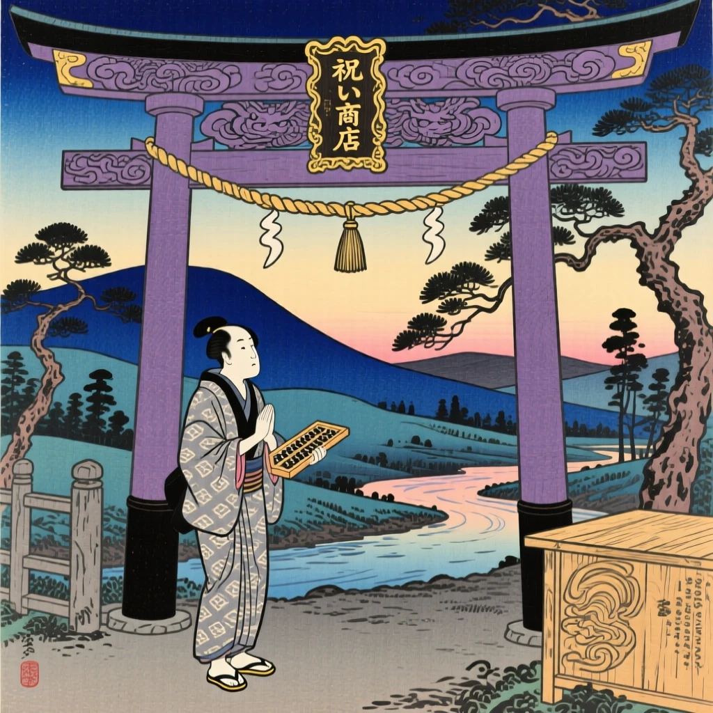 A counting merchant standing watch beneath an ornate gate at twilight.