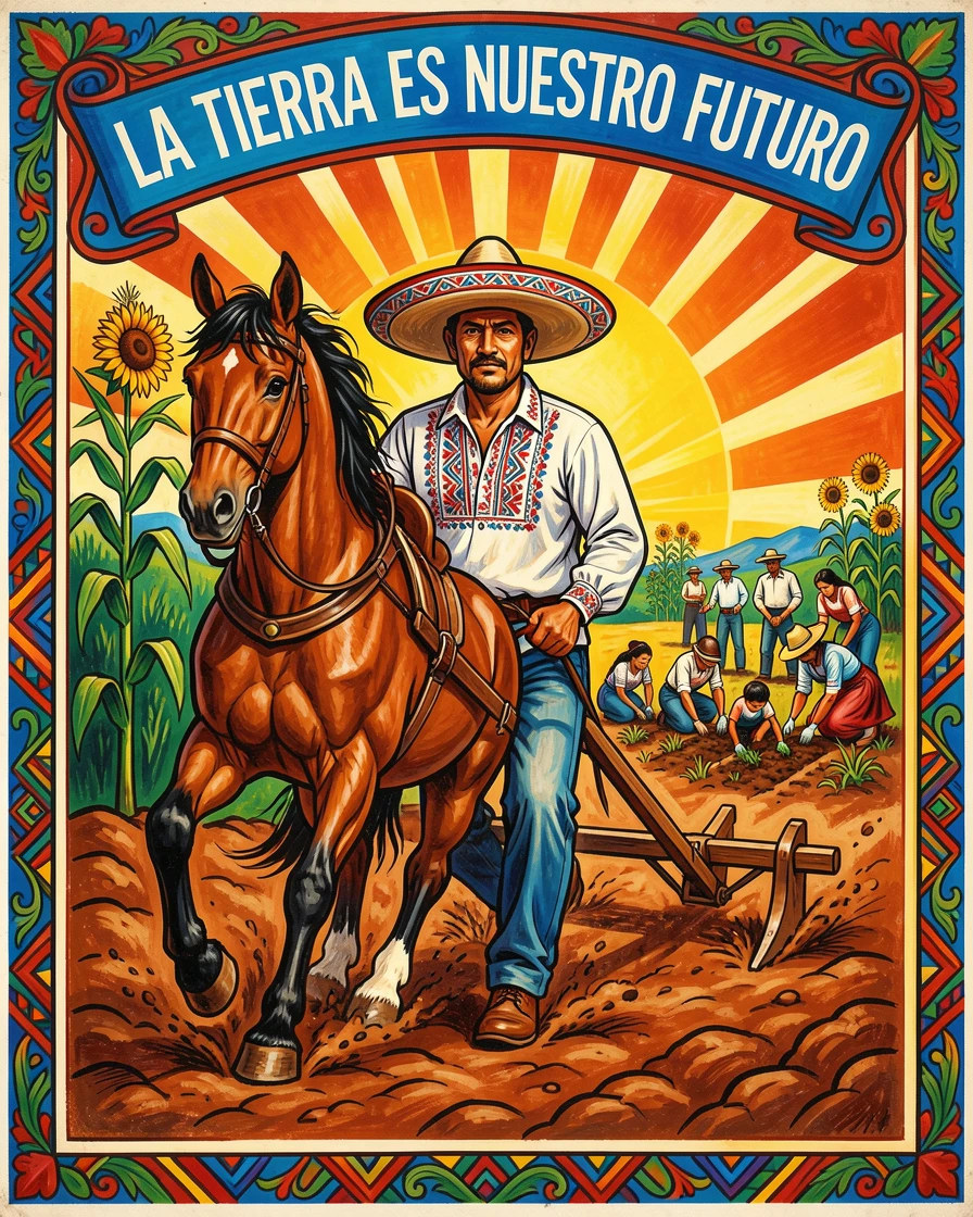 A farmer guiding a plow pulled by a strong draft horse