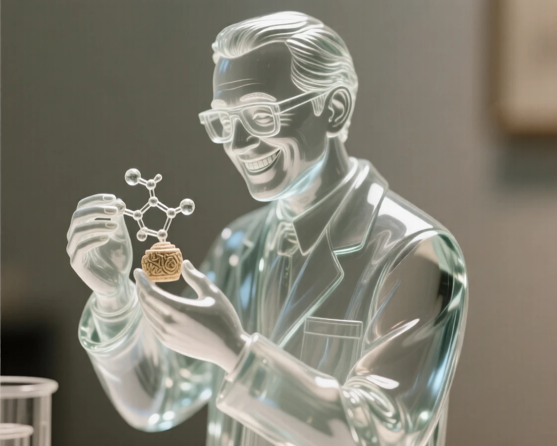 A scientist smiling while examining a discovery set against a simple blurred background, dramatic side lighting carving out the features, mood tender and heartfelt.