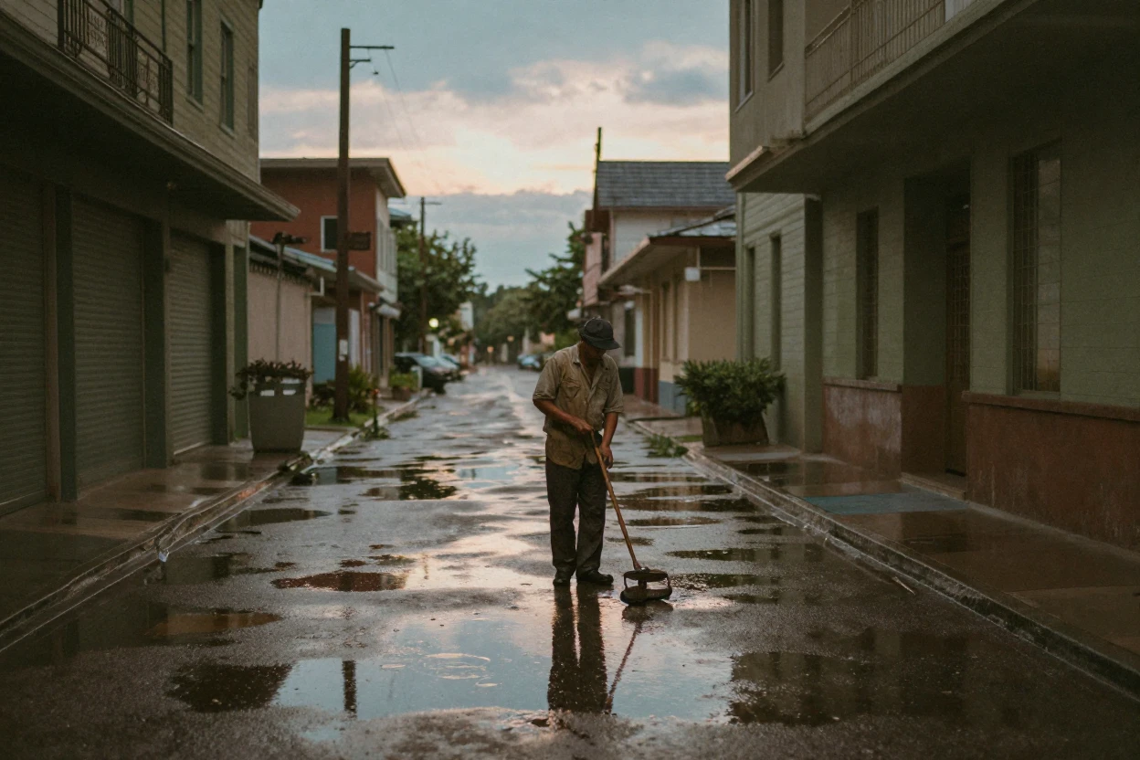 A street sweeper working alone in the quiet hours before dawn, in cool blue twilight, just after a rain shower, with puddles reflecting the sky, in the height of summer, with muted olive and rust colors, framed symmetrically down a long corridor.