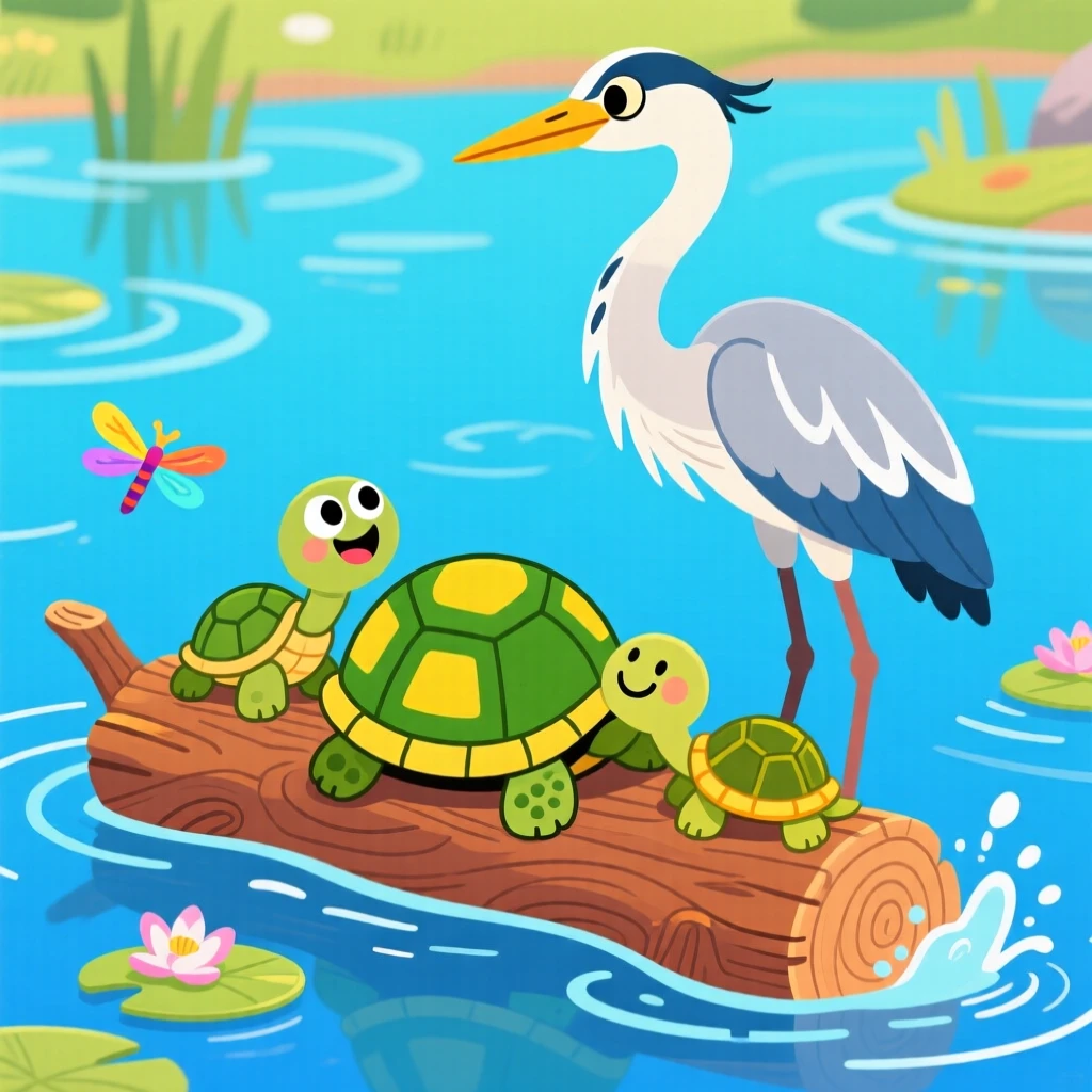A heron standing calmly beside a family of turtles on a log.