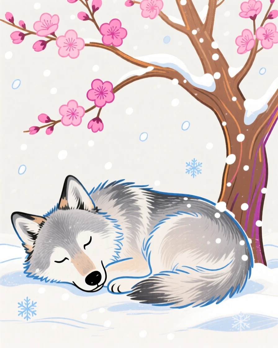 A young wolf curled up together under a blossoming tree during a light snowfall.