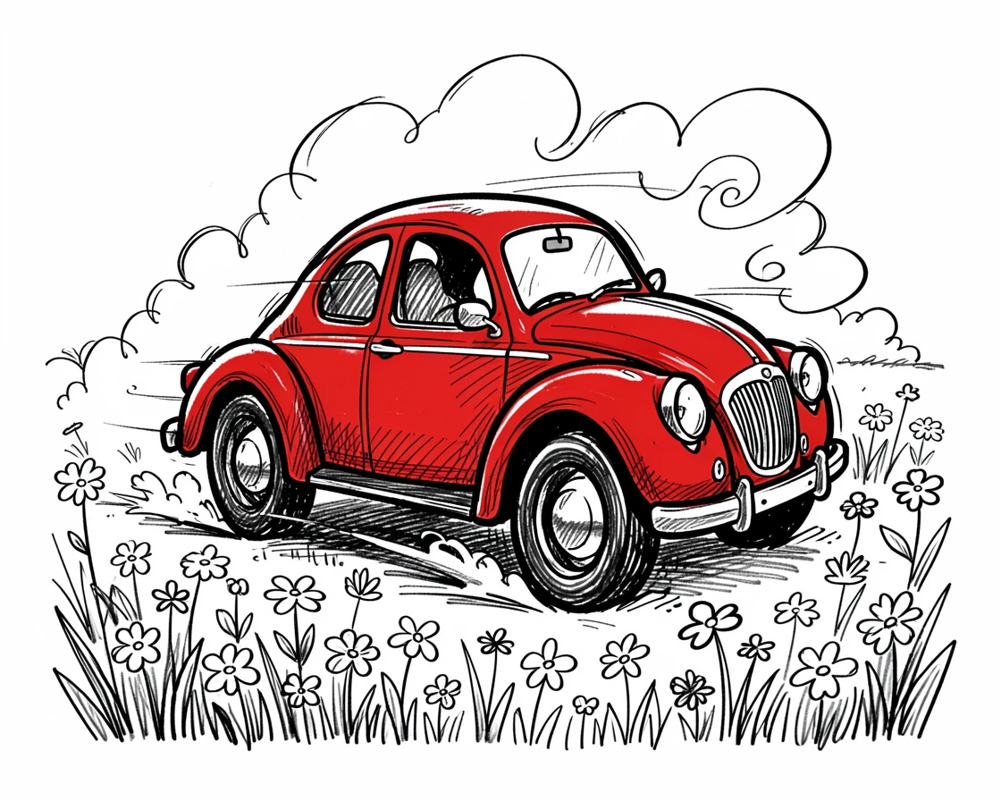 A cherry-red vintage car rolling through a field of wildflowers.