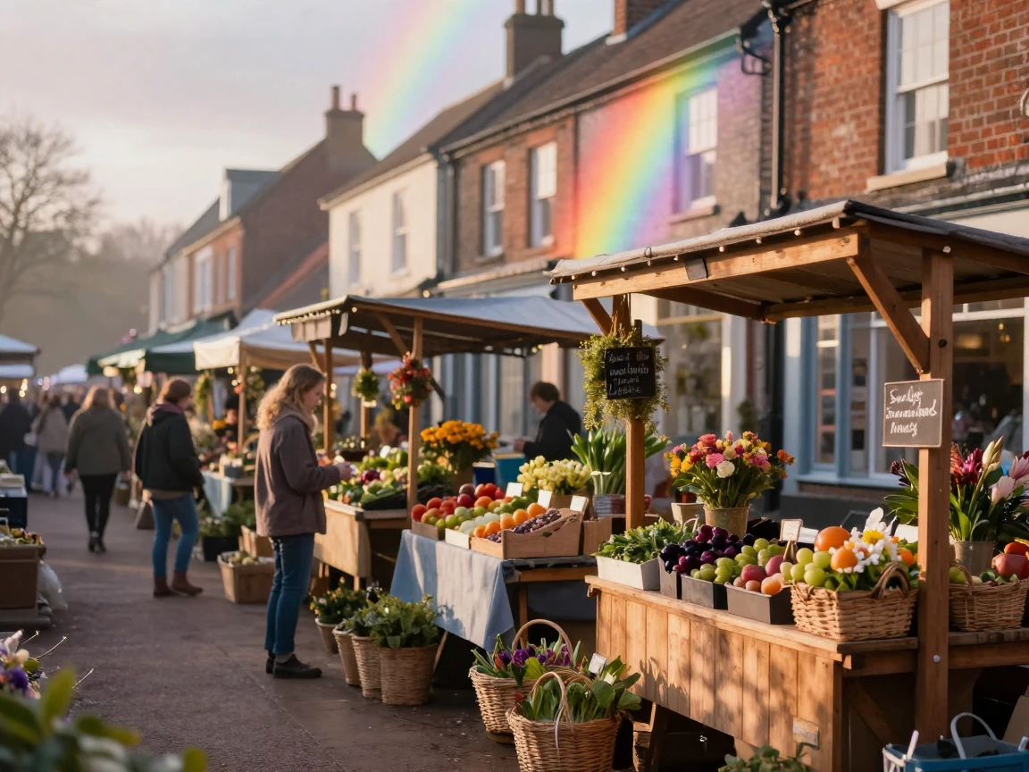 A row of market stalls lit by the soft colors of a passing rainbow as the town slowly wakes