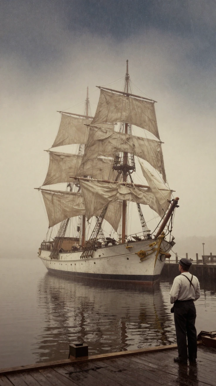 A weathered sailing ship anchored in a misty harbor, under a canopy of stars, under a light drizzle, during the long days of summer, with a soft sepia-tinted glow, over the shoulder of the main subject.