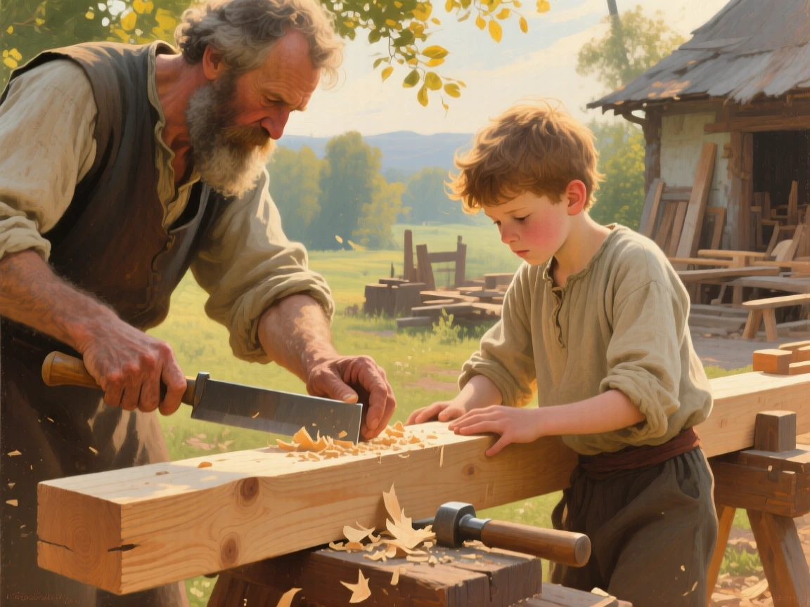 A detailed close shot of a young apprentice watching a master carpenter shape a wooden beam, in a soft summer breeze, in late afternoon.