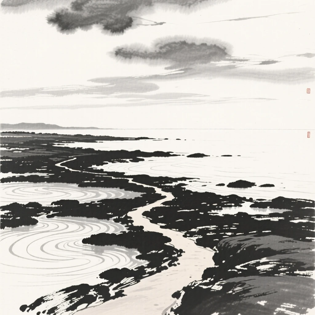 A tide pool coastline exposed at low water beneath a canopy of drifting cloud banks, captured from a narrow path winding into the depth of the scene, suggesting the quiet vastness of the natural world.