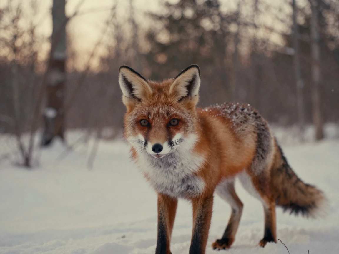A red fox pausing mid-stride in a snow-dusted forest, in the last light of dusk, in still, windless air, in the depths of winter, in warm honey and cream tones, in a tight close-up.