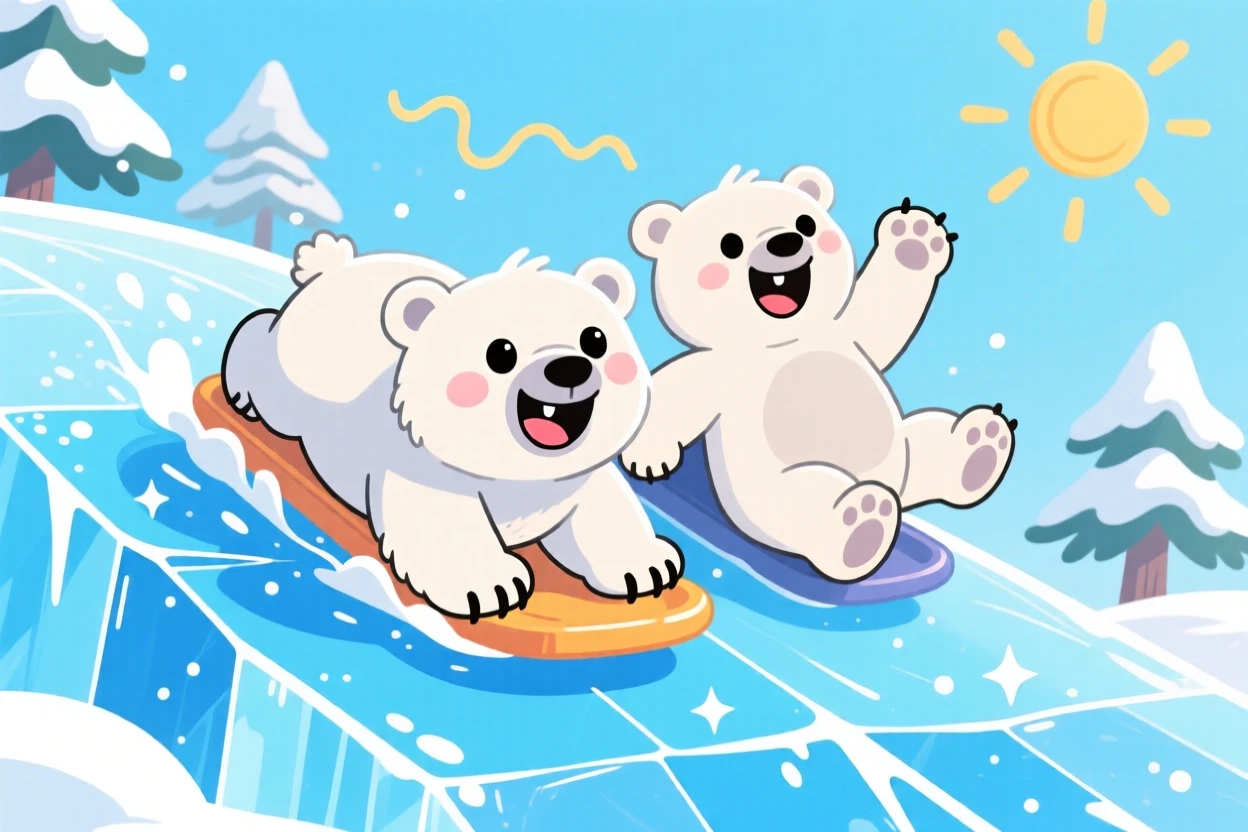 A polar bear cub sliding down an icy hill beside its sibling.