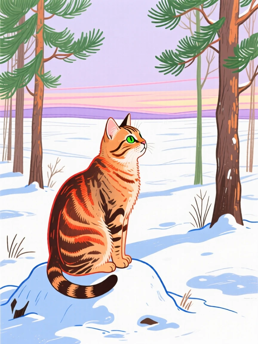 A tabby cat watching the horizon in a snowy pine forest in early spring.