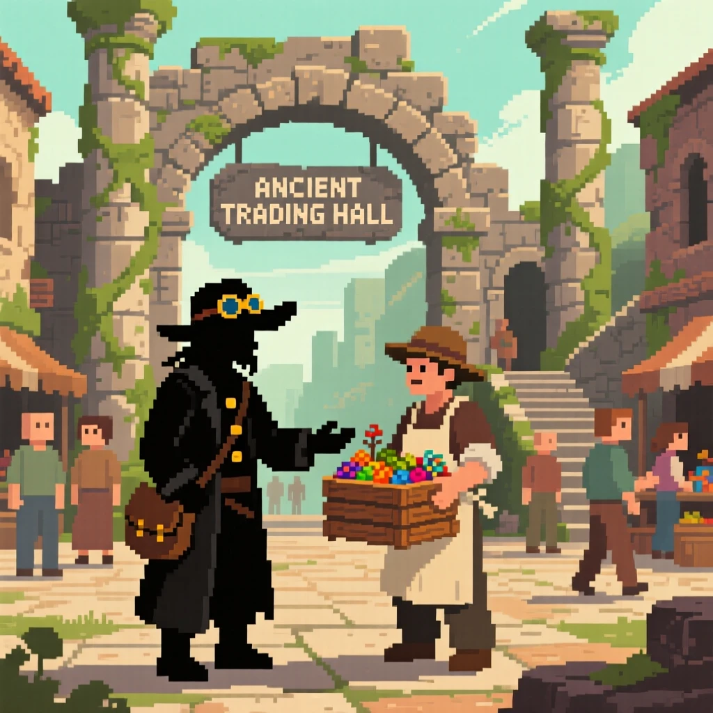 A sky pirate trading with a merchant in a busy town square, inside an overgrown ancient temple.
