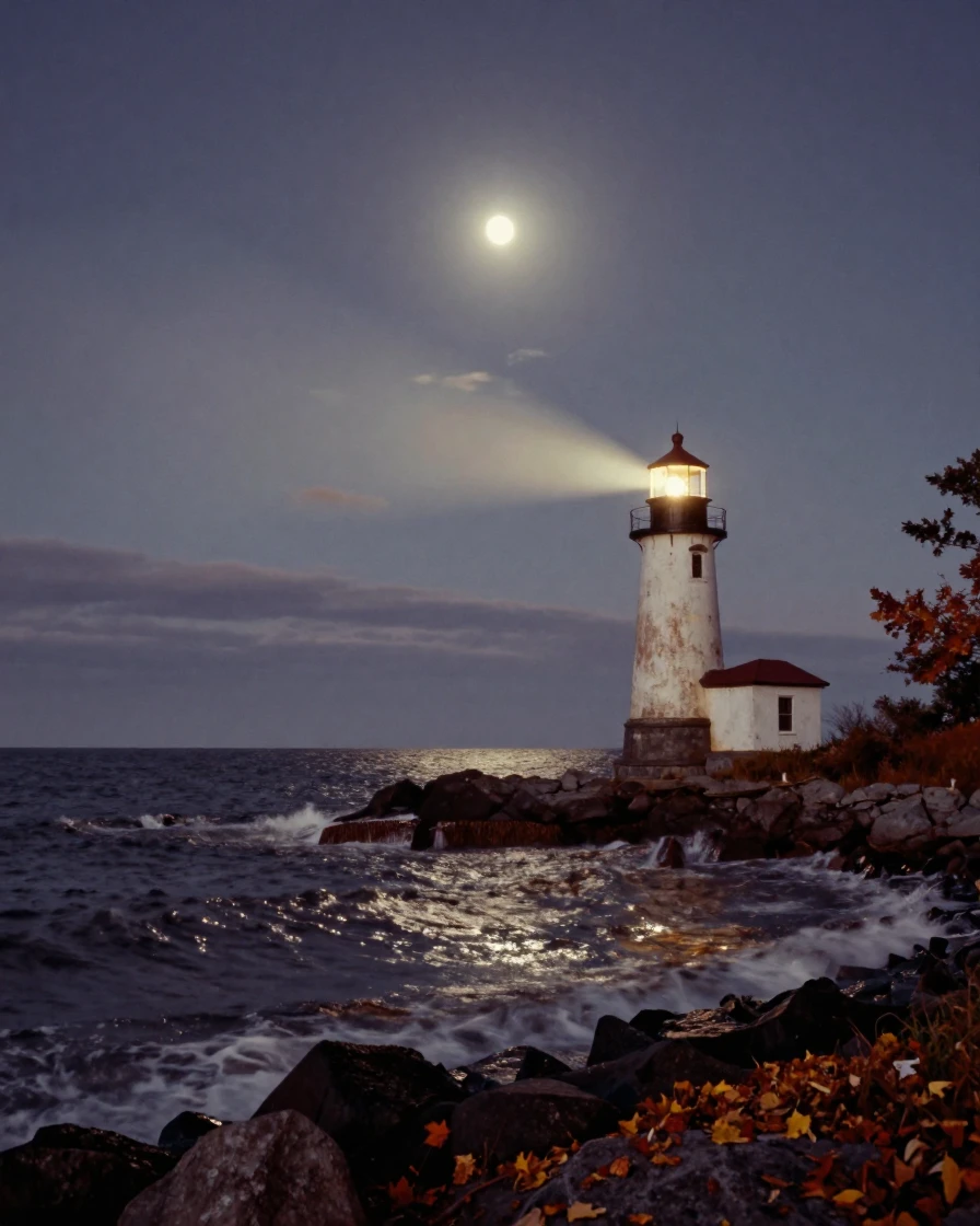 A lighthouse beam sweeping across a dark, restless sea, under moonlight, in crisp, dry air, in the mild days of early autumn, with rich burgundy and gold accents, at eye level, intimate and direct.