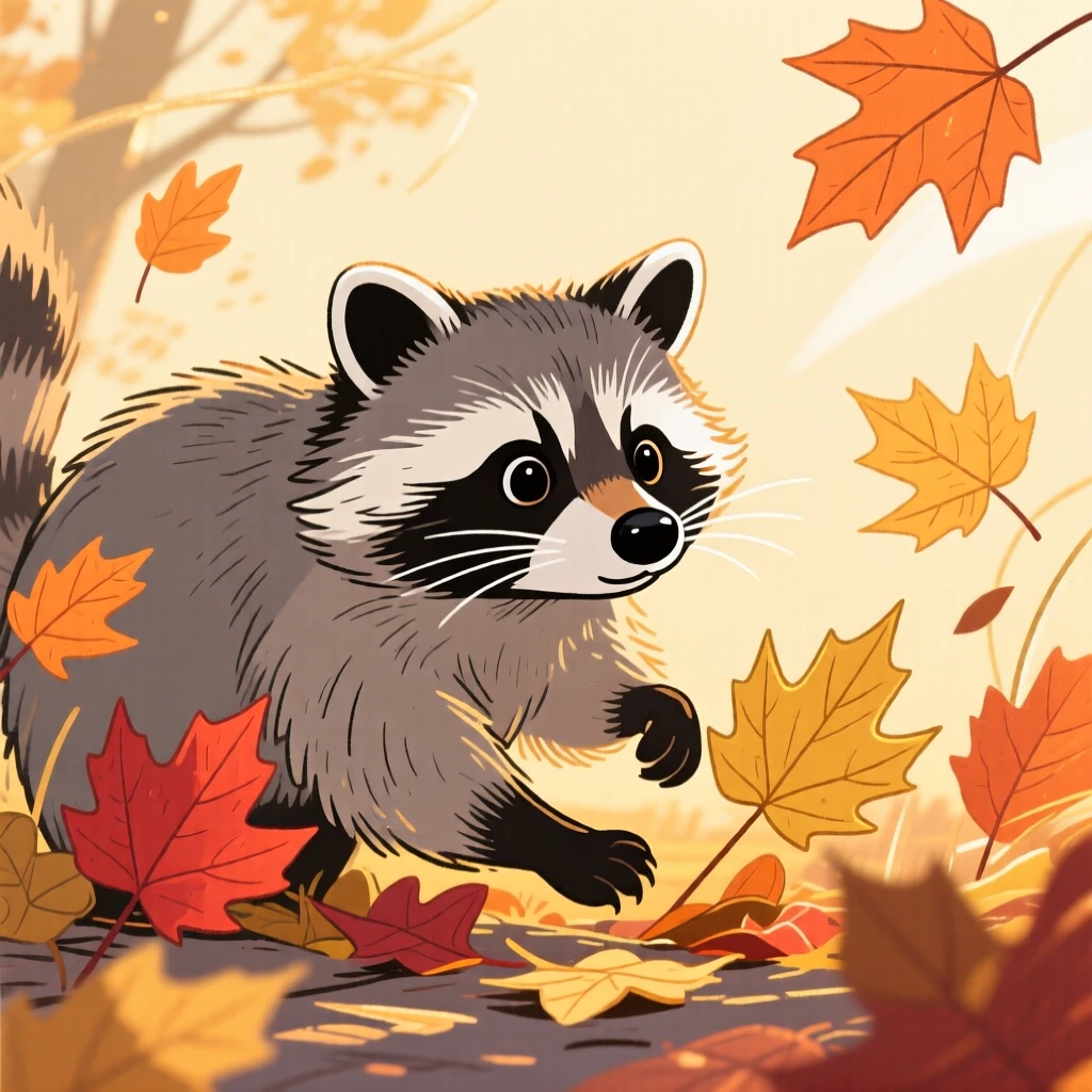 A curious raccoon playing among autumn leaves during golden hour.